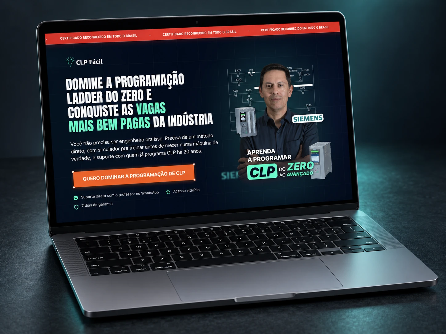 Mockup de MacBook com a primeira dobra da página CLP do Zero ao Avançado